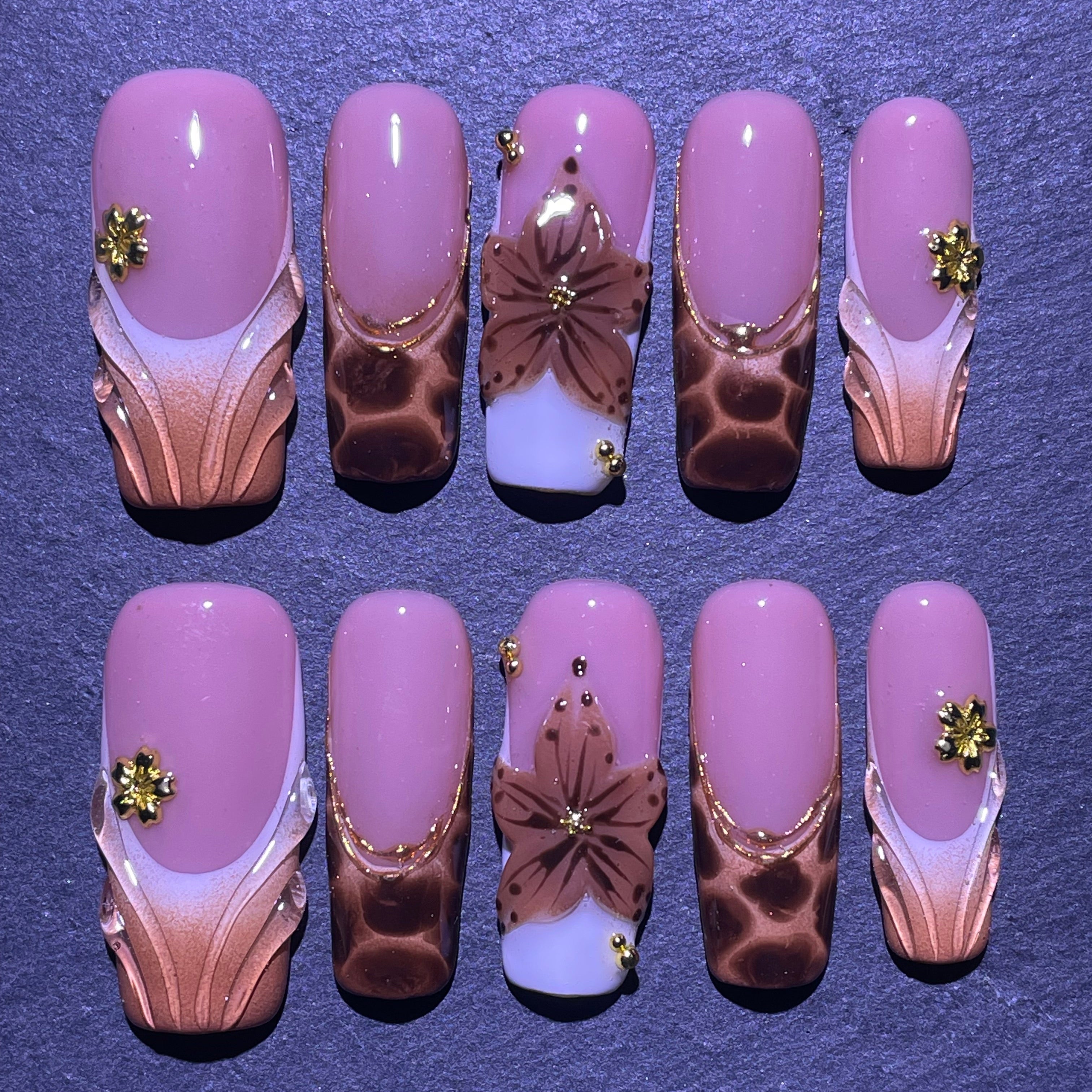 3D Flower Tortoise Press on Nails Long Square French Tip Fake Nails Floral with Gold Beads Design Colorful Gradient Beach Vacation False Nails Glue on Nails for Women Acrylic Manicure