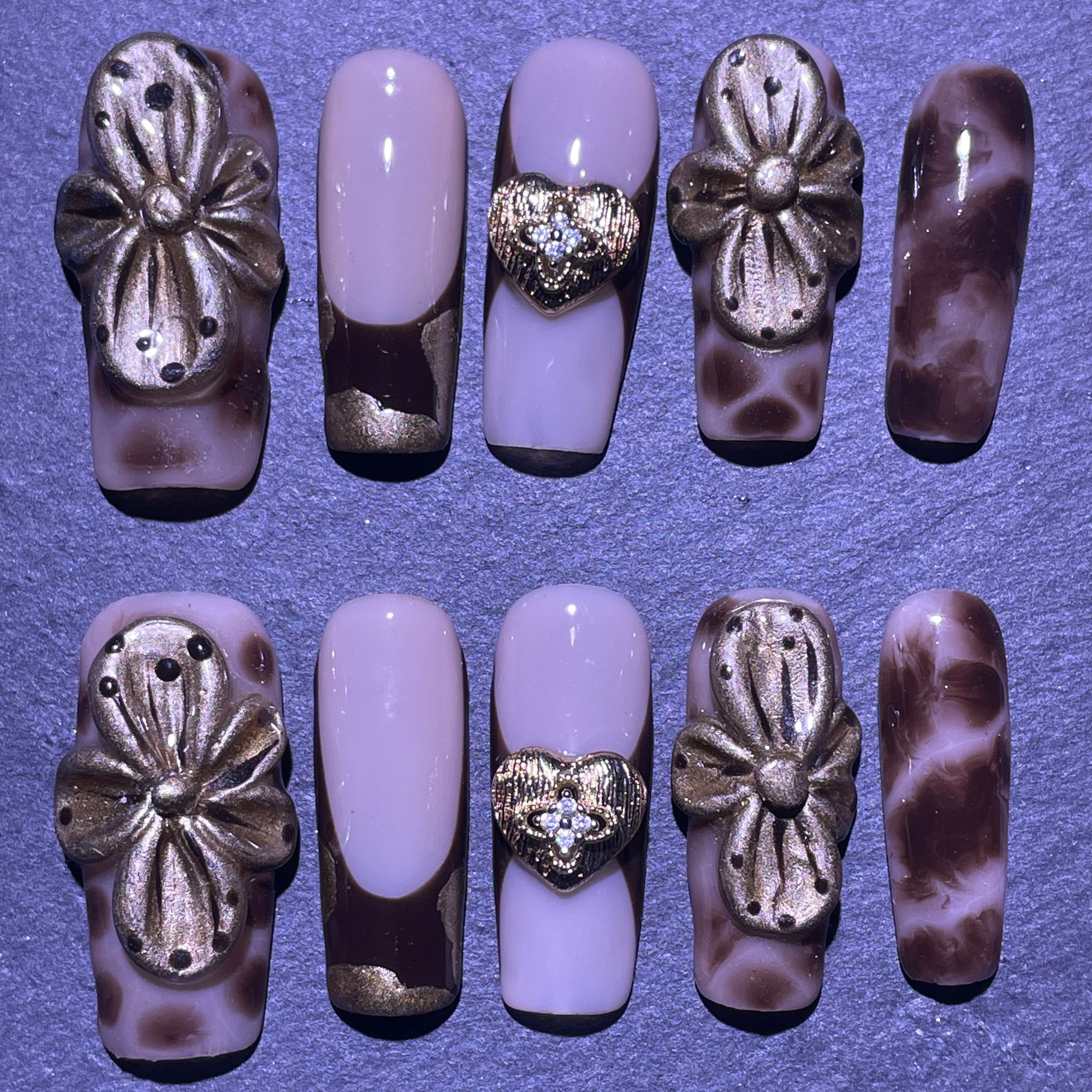 Brown 3D Floral Press on Nails Long Square Fake Nails with Gold Frame Tortoise Shell Nails Press on Reusable Artificial Nails Glossy Stick on Nails for Women Nail