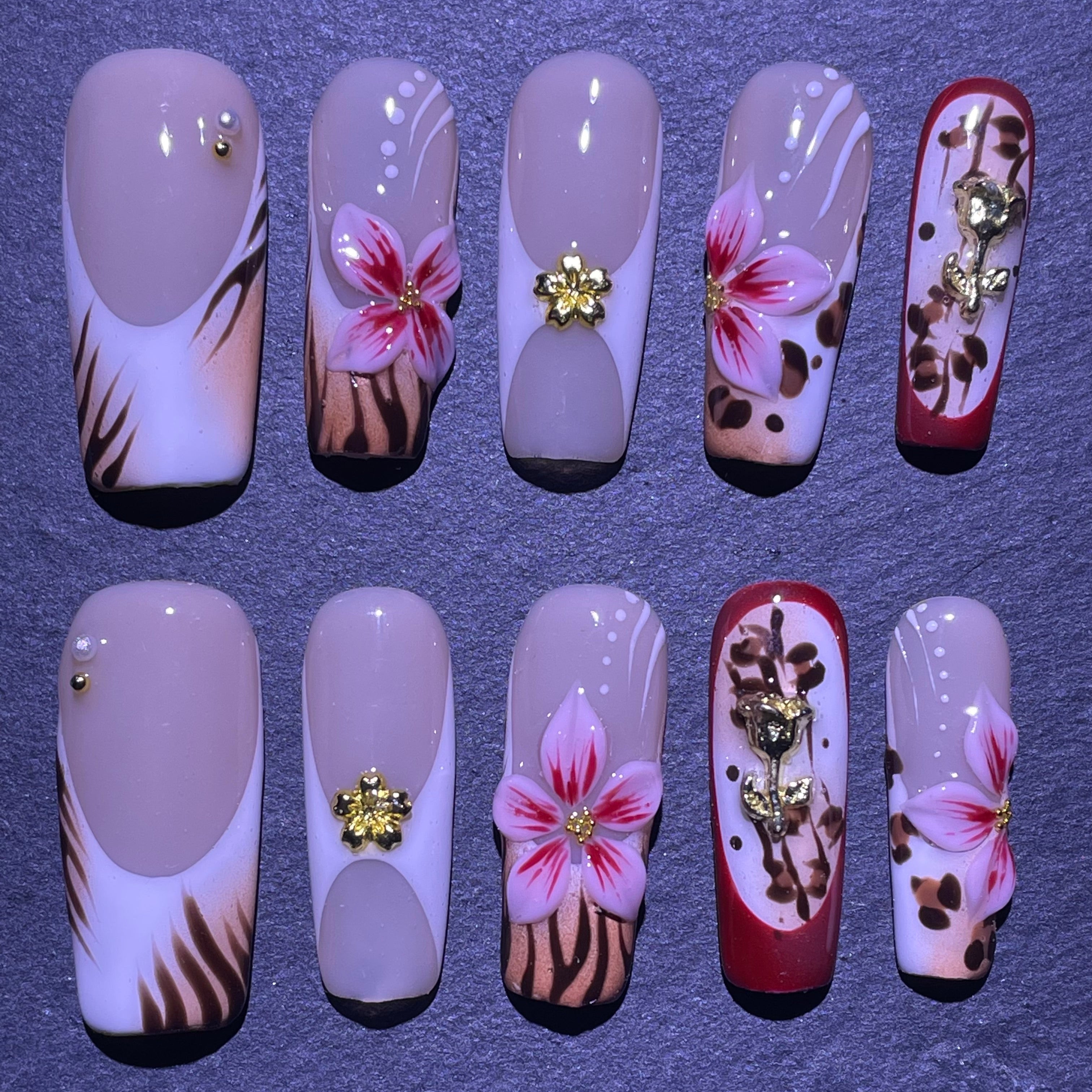 Pink French Tip Press on Nails Summer Fake Nails 3D Pink Hibiscus Flower Gold Charms Glue on False Nail Hawaii Floral Artificial Stick on Nail for Women