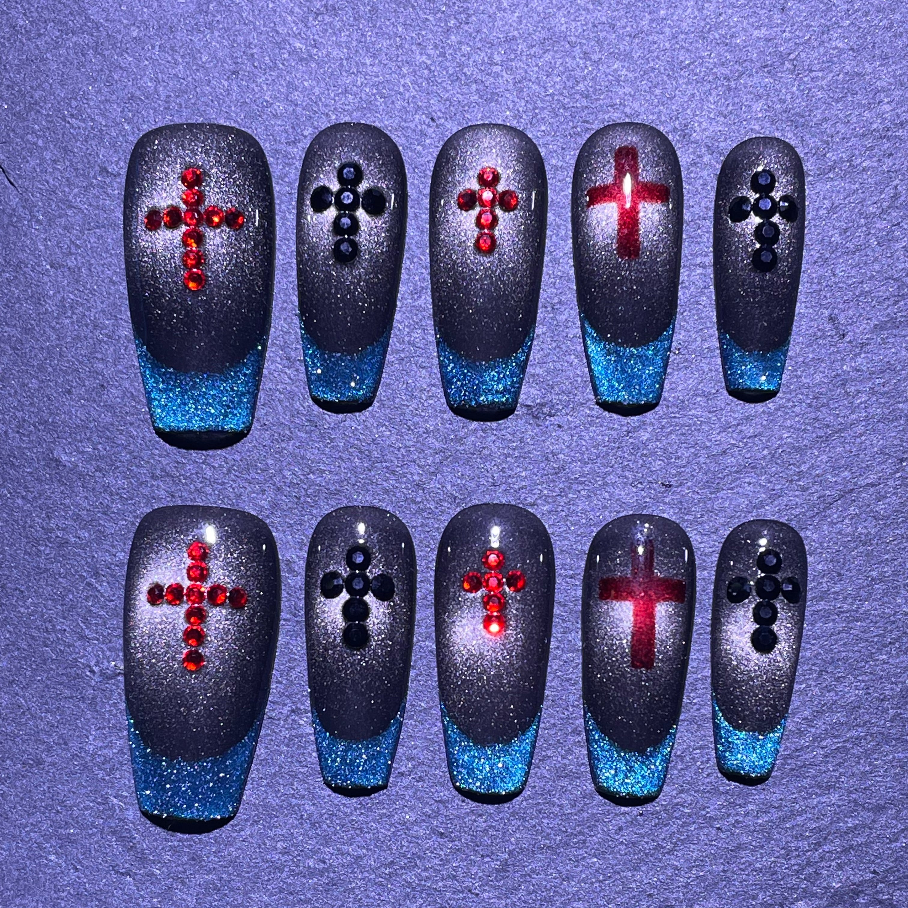 Black Cross Blue Catseye Press-on Nail for Halloween Long Coffin French Tip