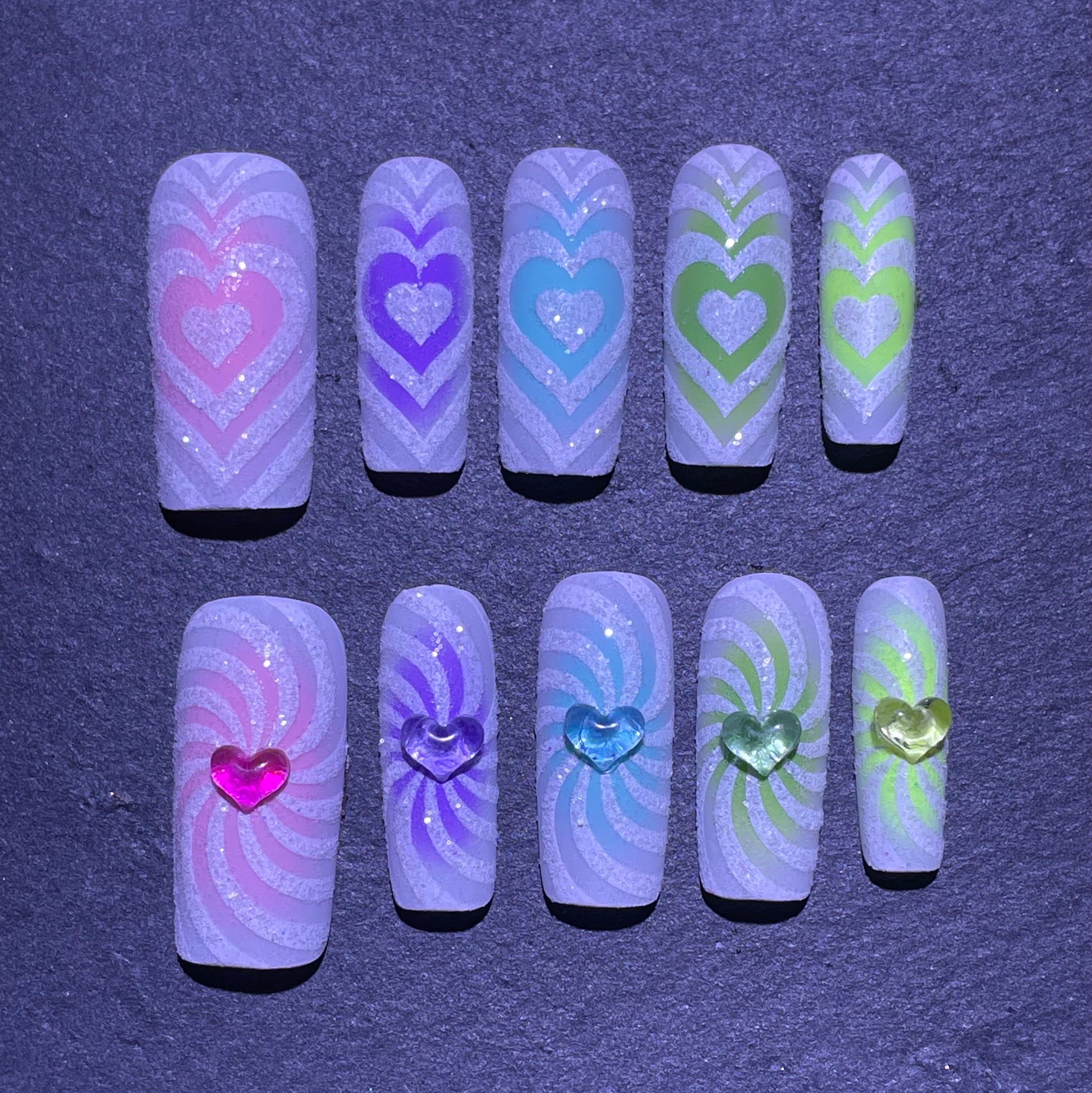 Valentine's Day Press-On Square False Nails With Heart & Spiral Design -Long Fake Acrylic Colorful Rainbow Stick-On Nails for Women Nail