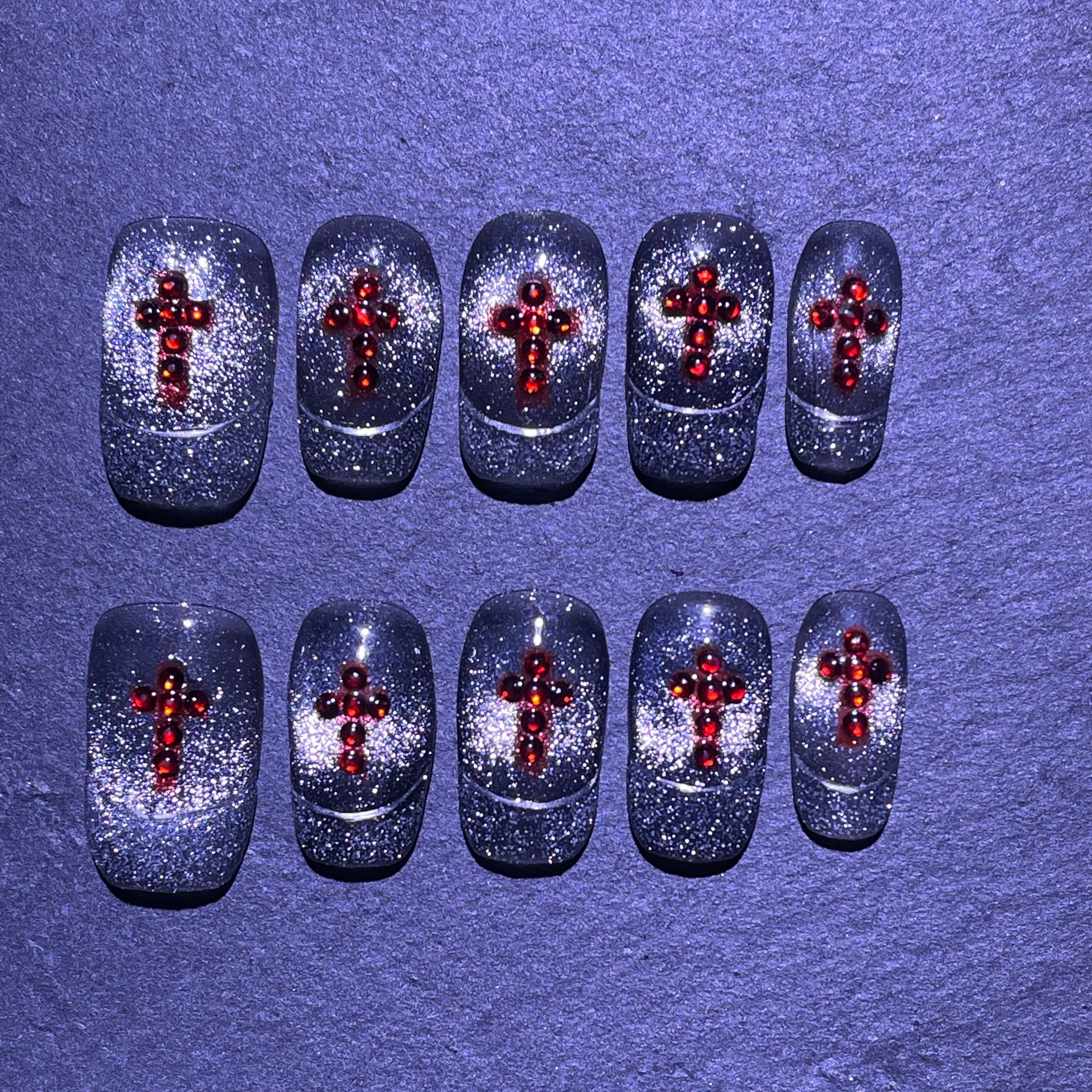 Black Catseye Red Cross Beads French Tip Press-on Nail