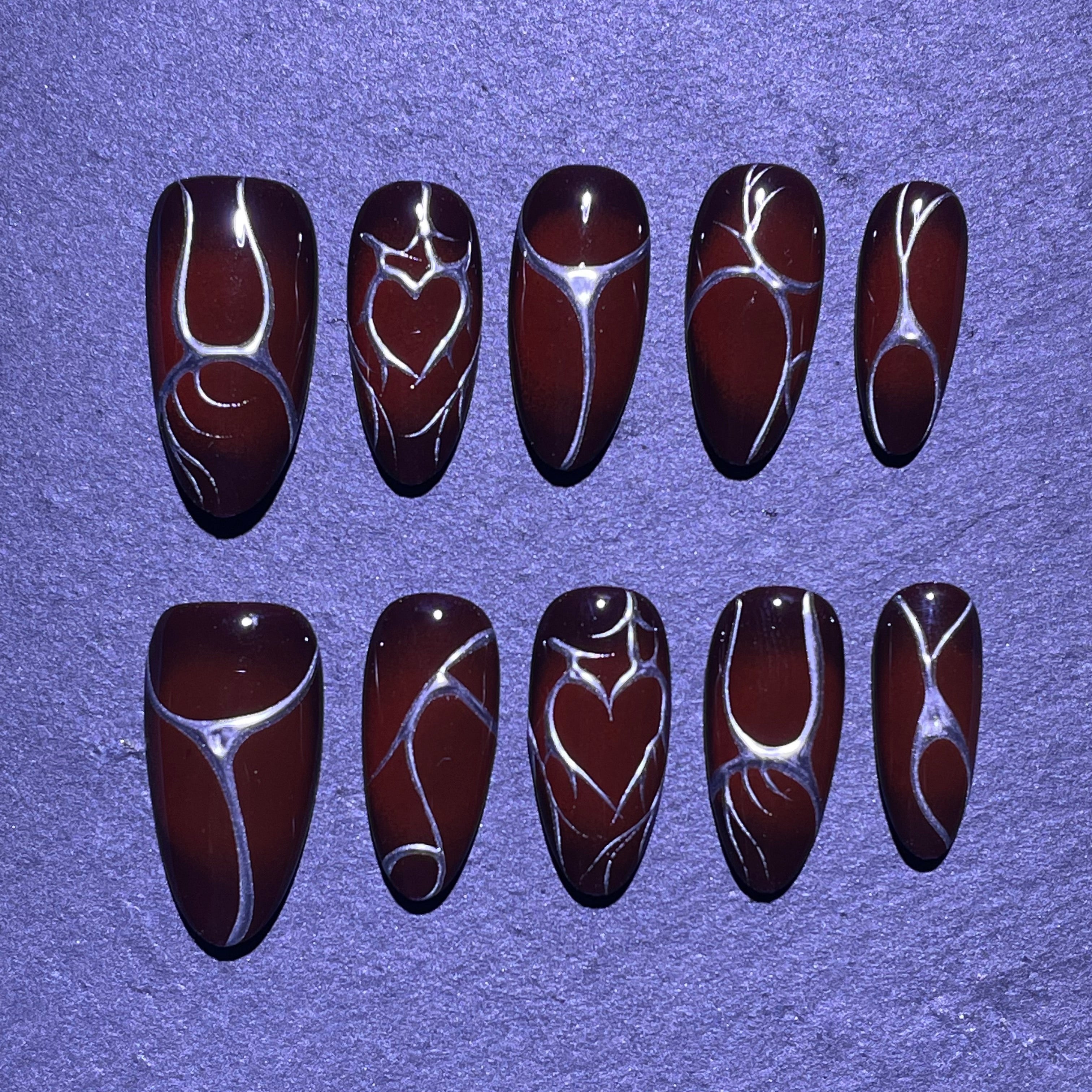 Bloody Black Halloween Presson Nail with Hand-painted Heart Silver Geometric False Nail Medium Almond