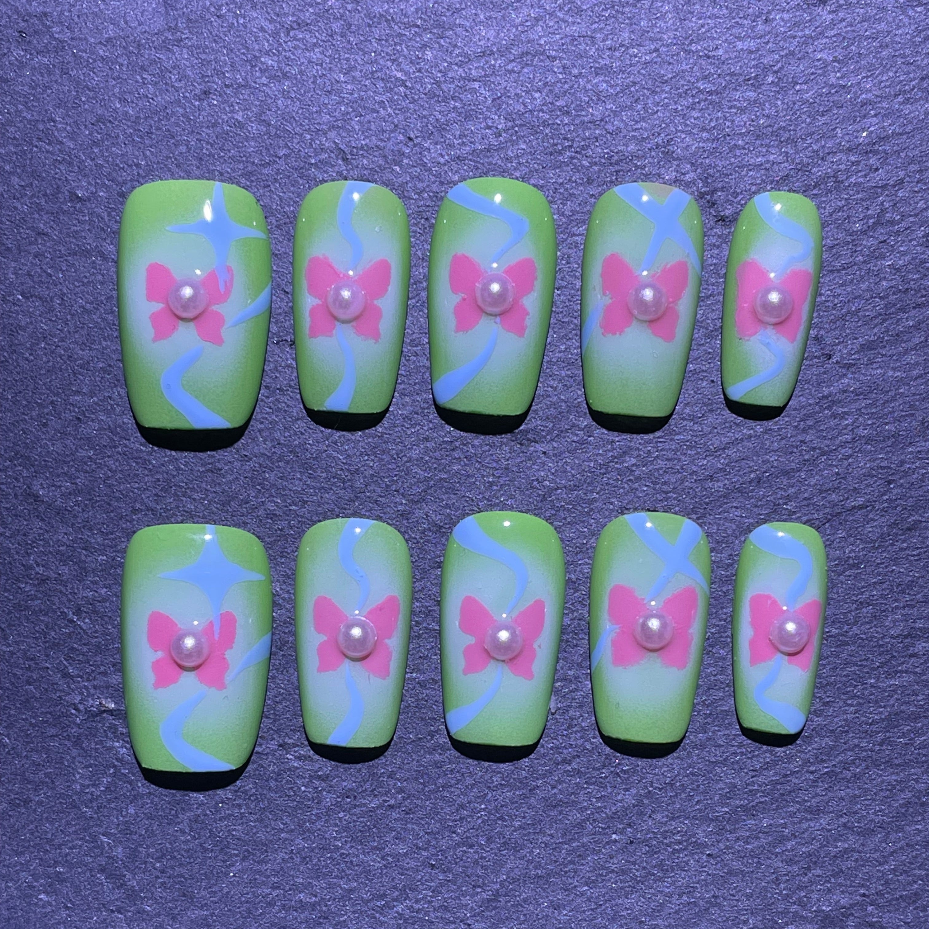 Pink Butterfly Green Ombre Presson Nail Y2K Style Short Square Stick-on Nail