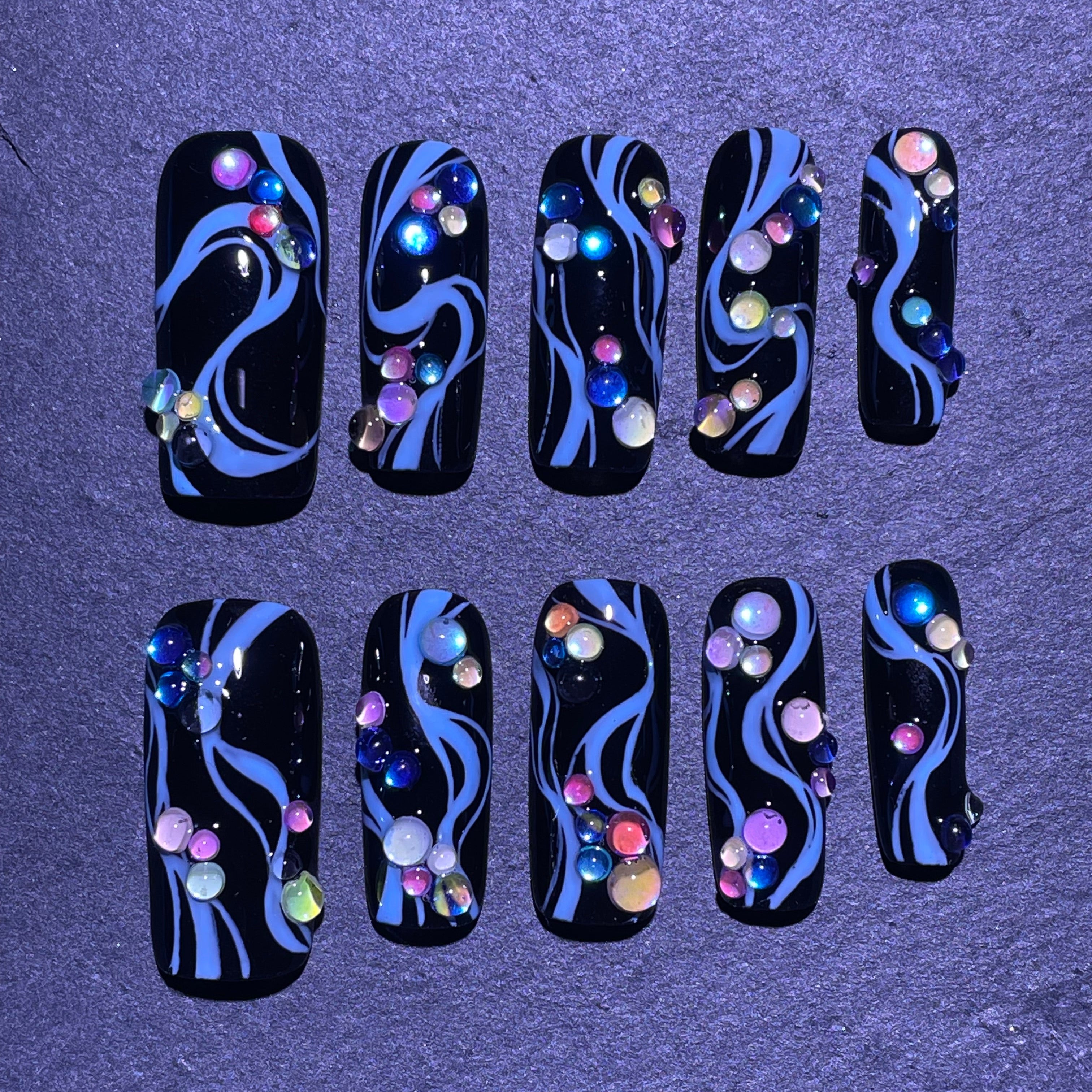 3D Black Y2k Style Long Square Press-on Nail Blue Geometric Stick on Nail