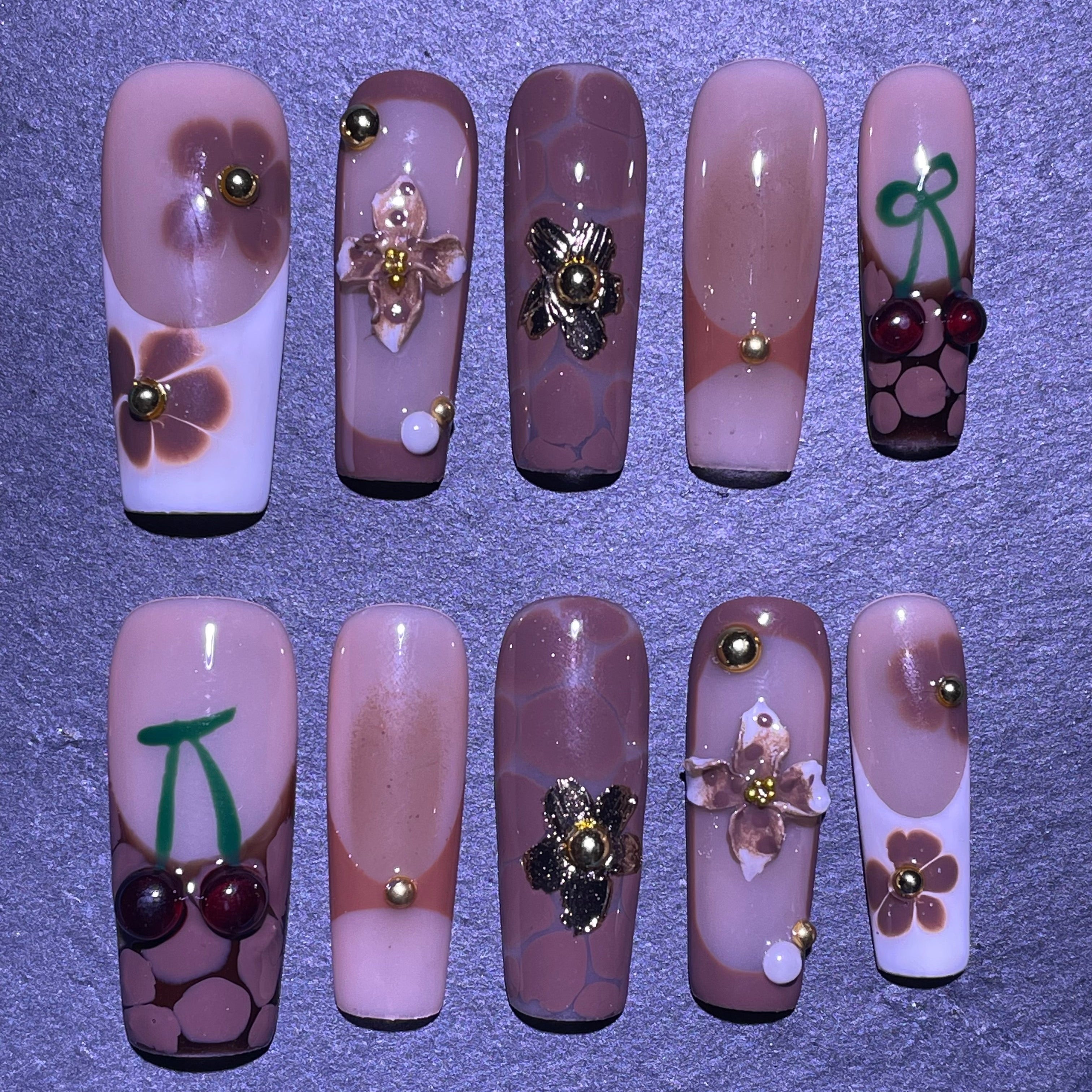 3D Cherry Hand-painted Brown Floral 3D Golden Flower French Tip Long Coffin Press-on Nail