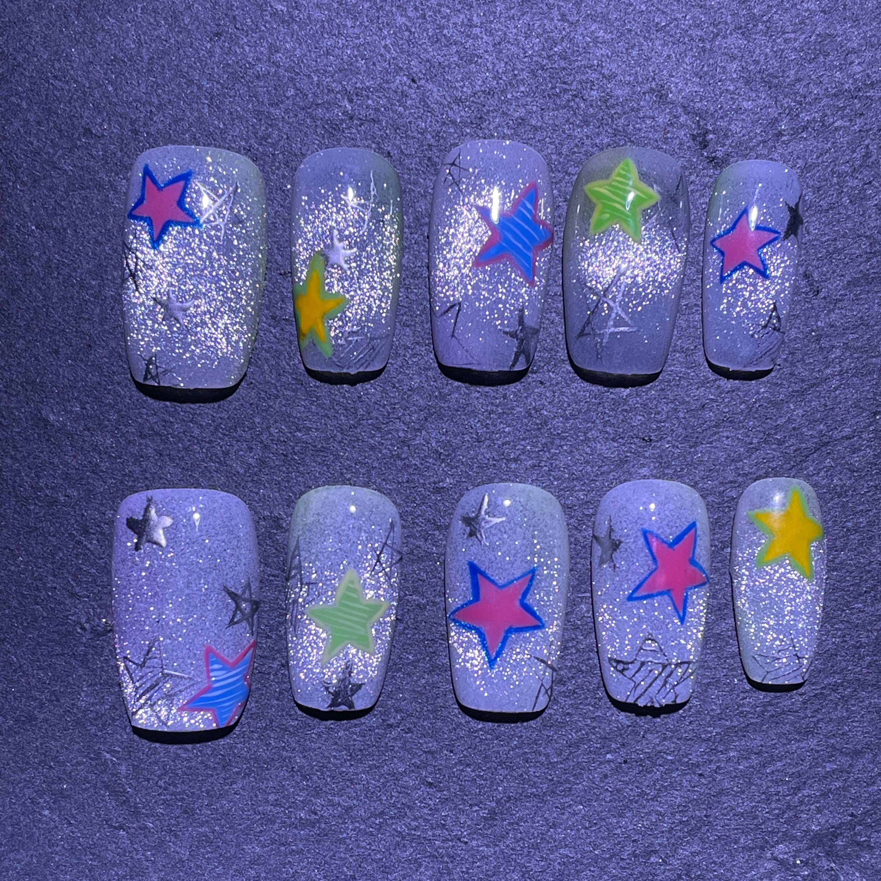 Hand-painted Star Silver Catseye Y2K Style Short Square Press-on Nail