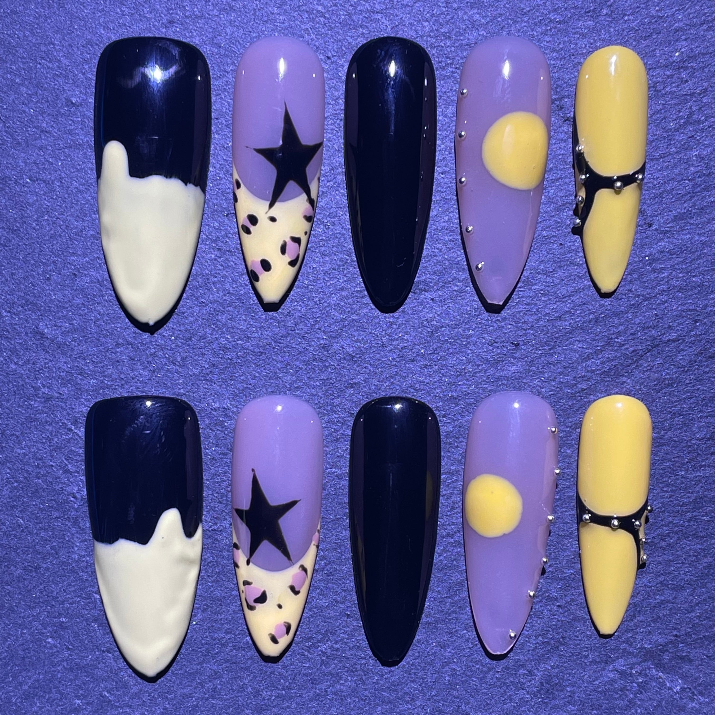 Hand-painted Star Cheetah Print Black Long Stiletto Nail Yellow Halloween French Tip