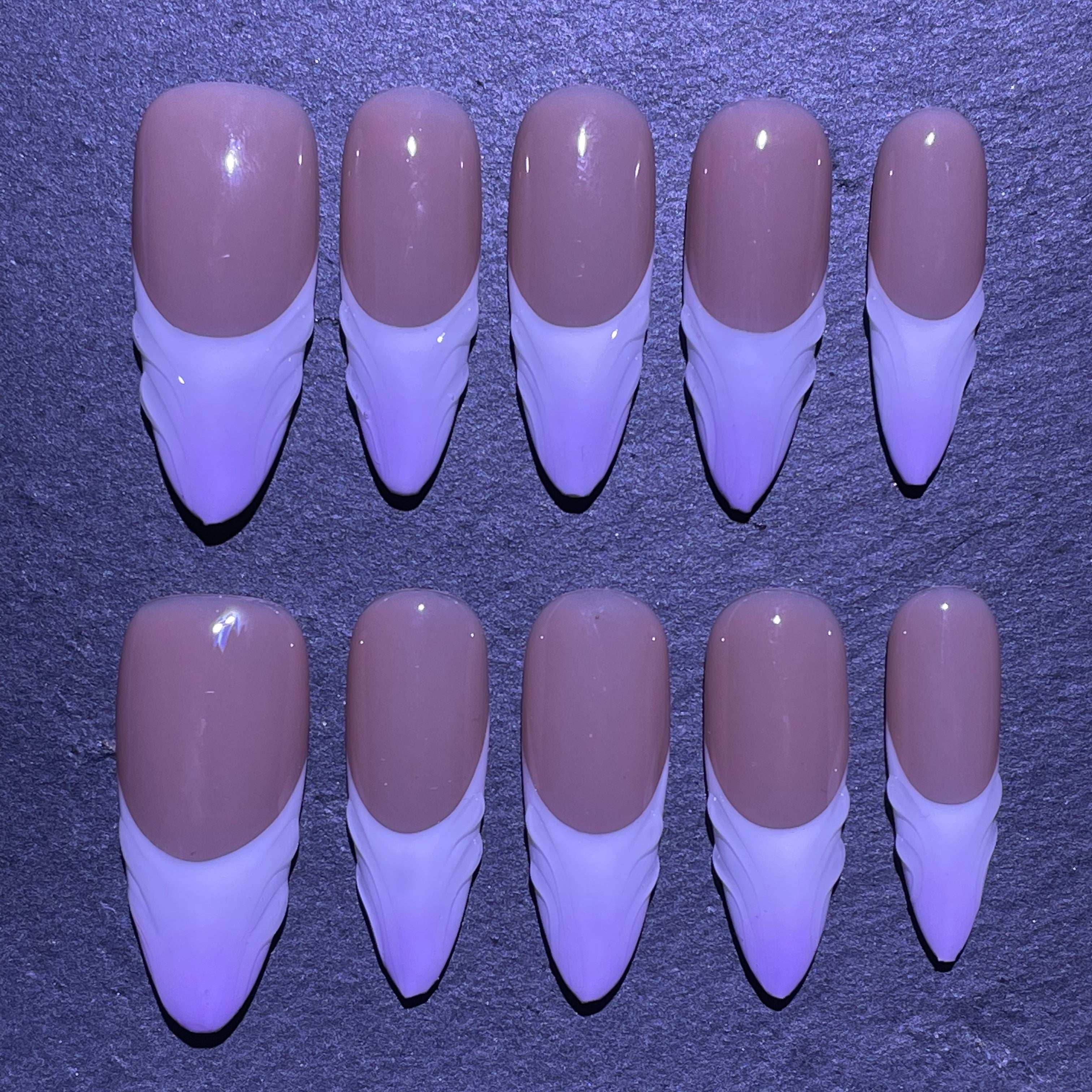 Classic Ombre Nude White Purple Fren Tip Medium Almond Press-on Nail
