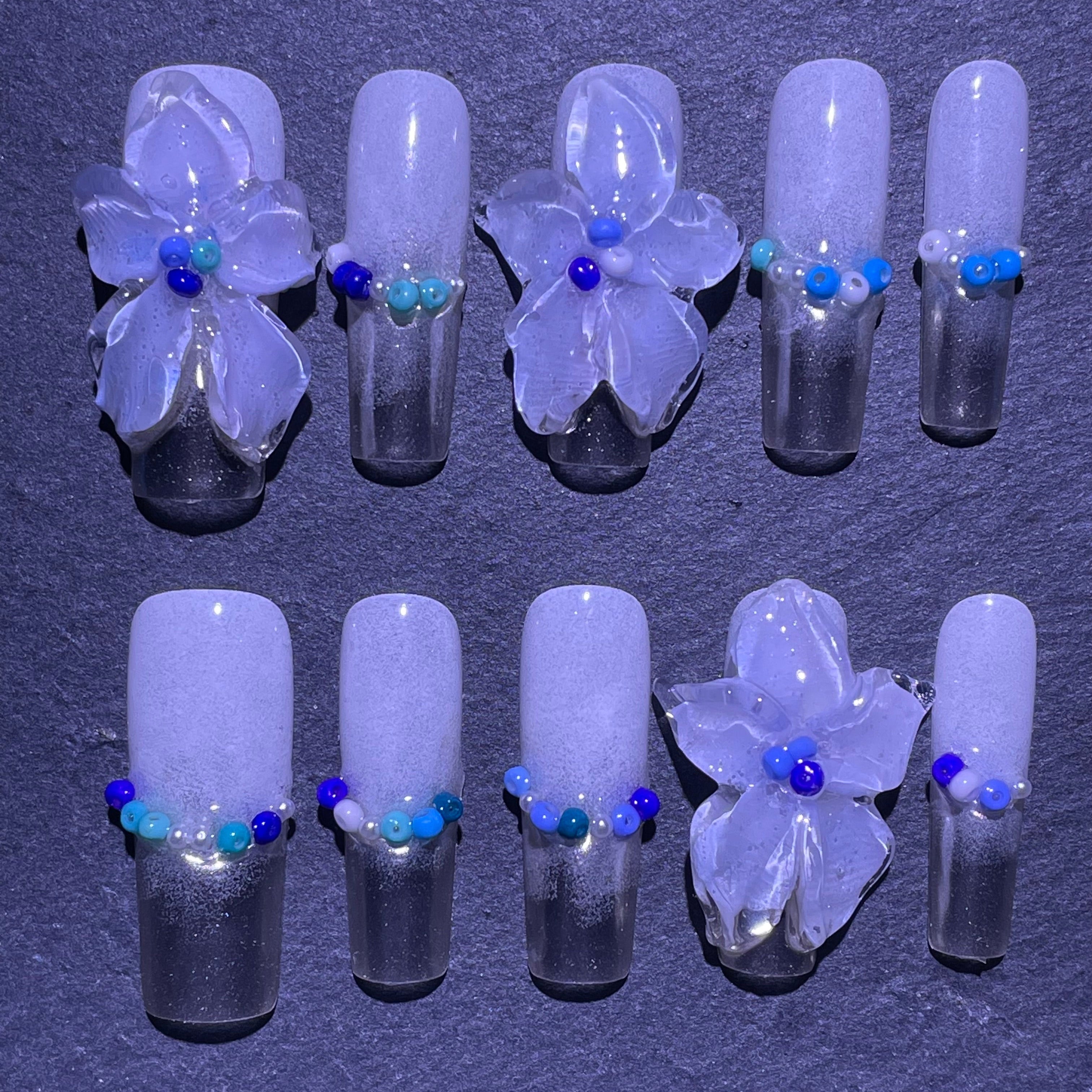 3D Transparent Flower Blue Beads White Silver Ombre Long Square Press-on Nail